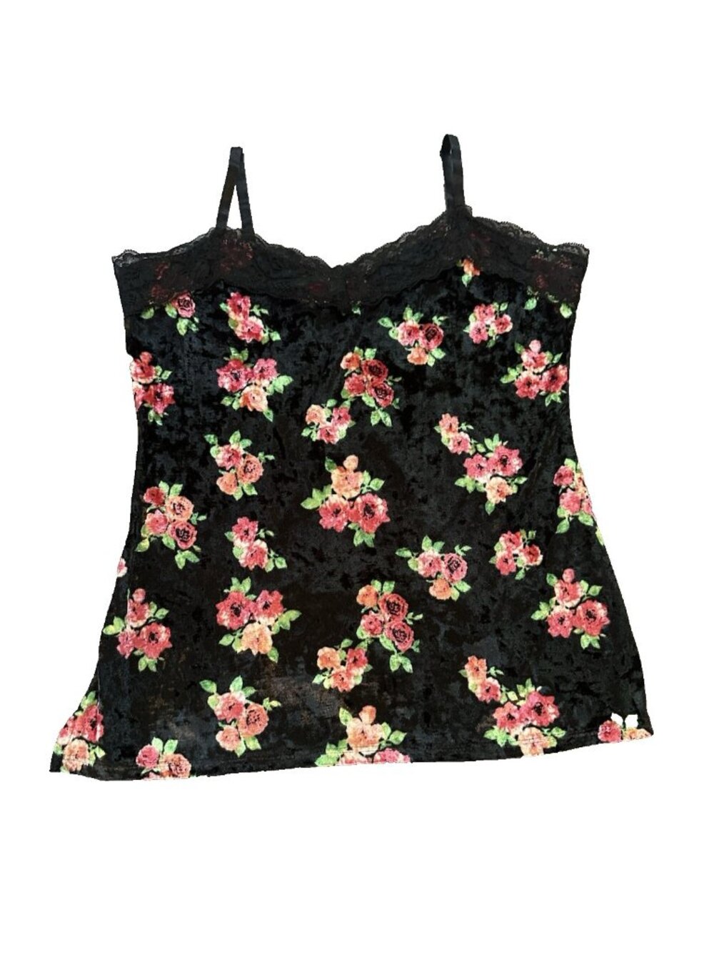 Floral Crushed Velvet Black Lace Cami Tank Top Womens L 11-13 Y2K‎ Whimisgoth